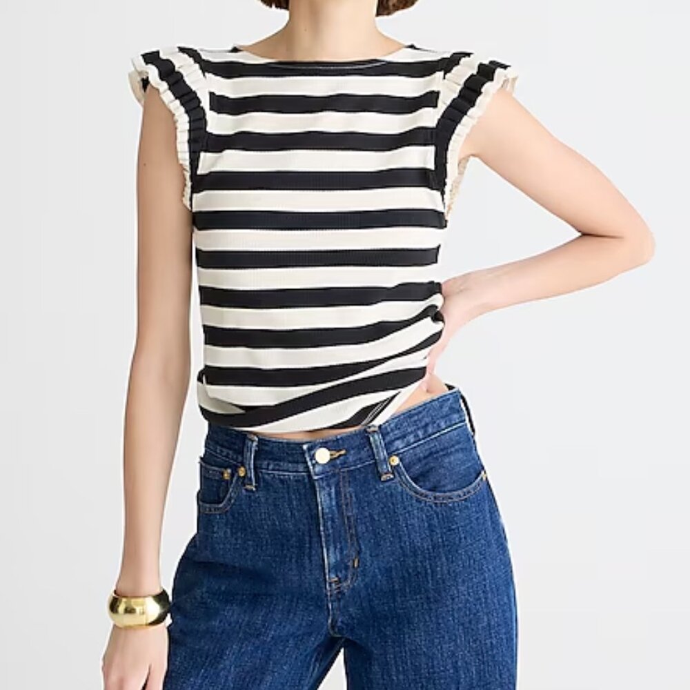 J. Crew Vintage Rib Ruffle Boatneck Tank Top Striped Medium NWT